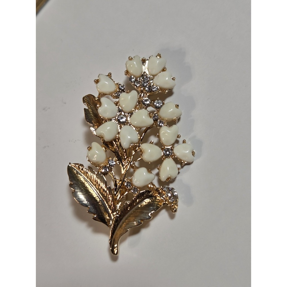 Floral Ivory-Tone & Rhinestone Gold-Tone Brooch